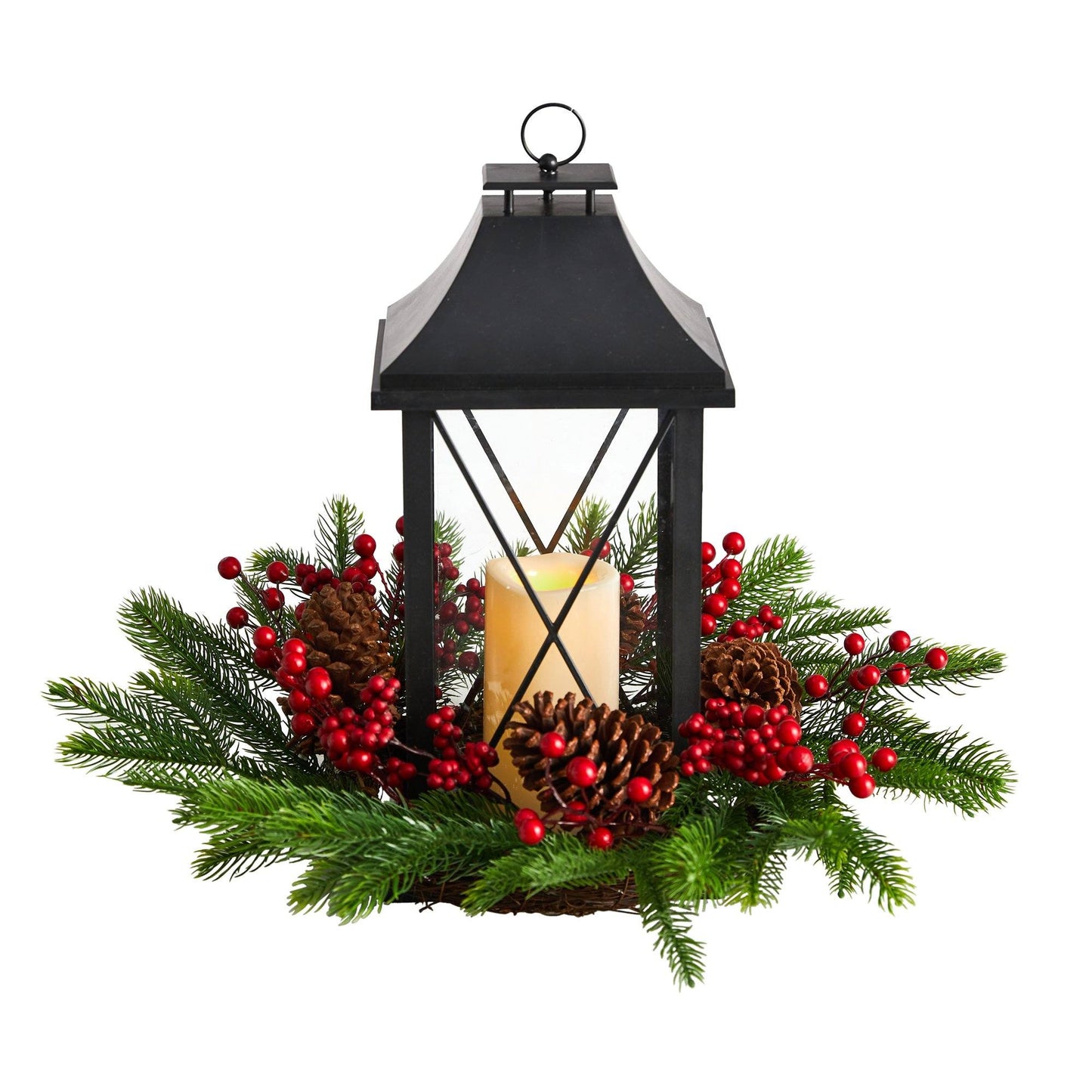 16" Holiday Berries, Pinecones and Greenery with Lantern and Included LED Candle Table Arrangement" - Tampa Home & Garden Store