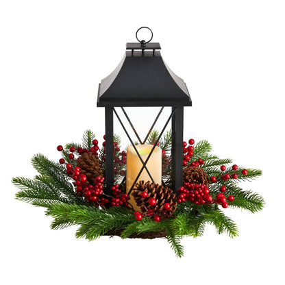 16" Holiday Berries, Pinecones and Greenery with Lantern and Included LED Candle Table Arrangement" - Tampa Home & Garden Store