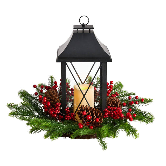 16" Holiday Berries, Pinecones and Greenery with Lantern and Included LED Candle Table Arrangement" - Tampa Home & Garden Store