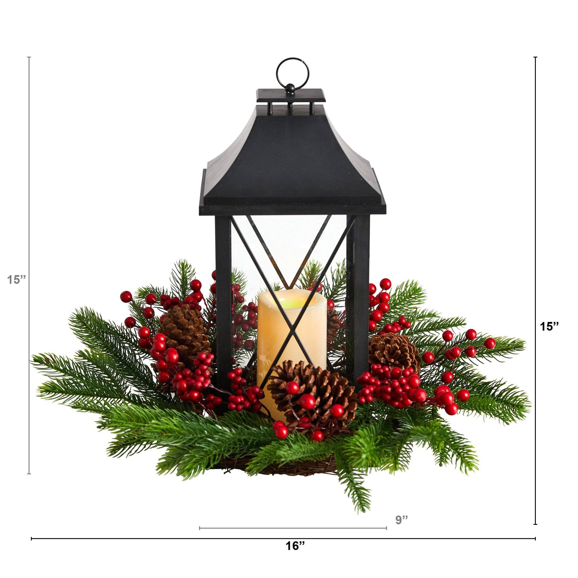 16" Holiday Berries, Pinecones and Greenery with Lantern and Included LED Candle Table Arrangement" - Tampa Home & Garden Store