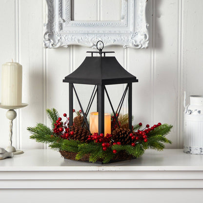 16" Holiday Berries, Pinecones and Greenery with Lantern and Included LED Candle Table Arrangement" - Tampa Home & Garden Store