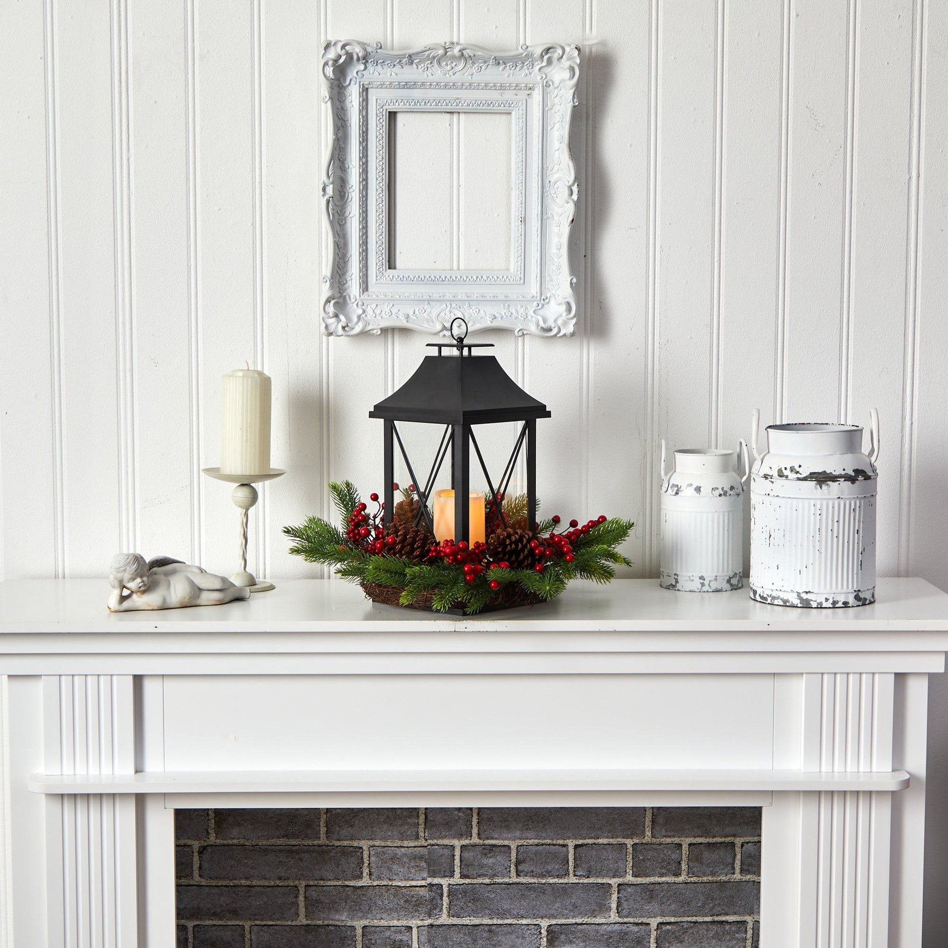 16" Holiday Berries, Pinecones and Greenery with Lantern and Included LED Candle Table Arrangement" - Tampa Home & Garden Store