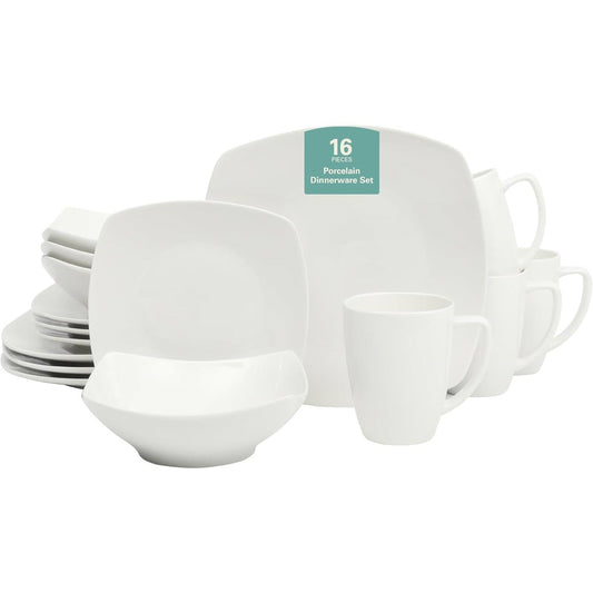 16 Pieces - White Square Porcelain Dinnerware Set - Service for 4 - Tampa Home & Garden Store