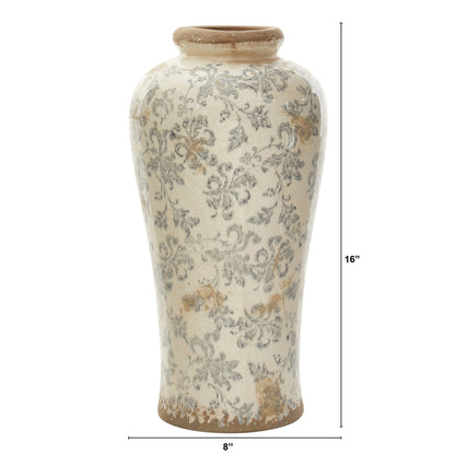16” Tuscan Ceramic Floral Scroll Urn Vase