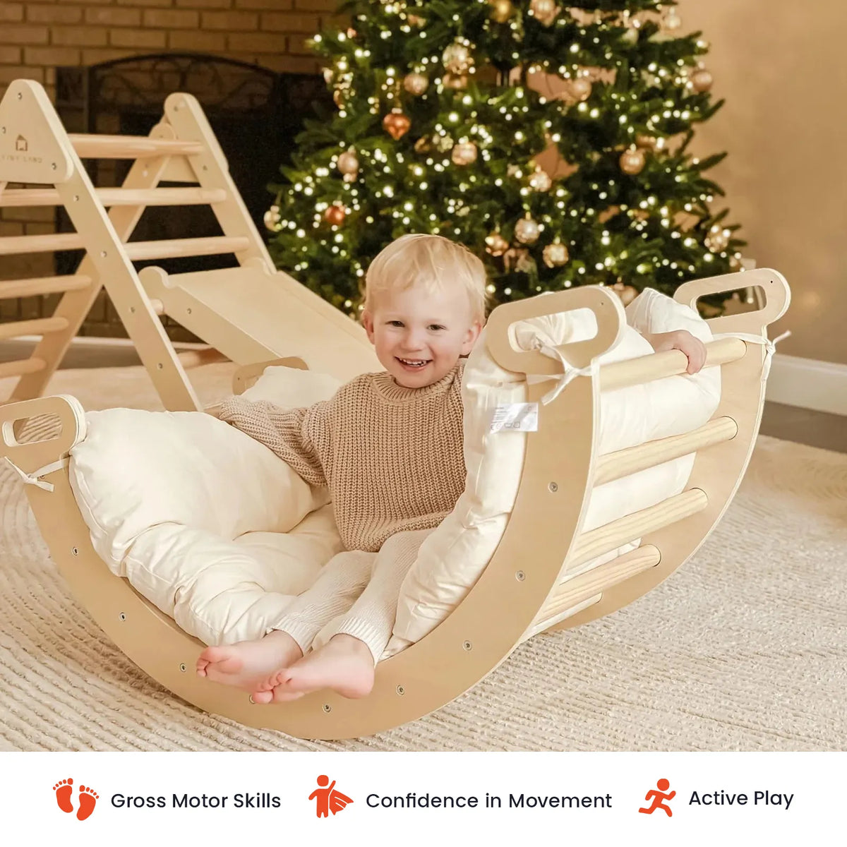 Tiny Land Thick Padded Play Cushion for Climbing Sets, cream pad on wood curved frame on Tampa Home & Garden Store