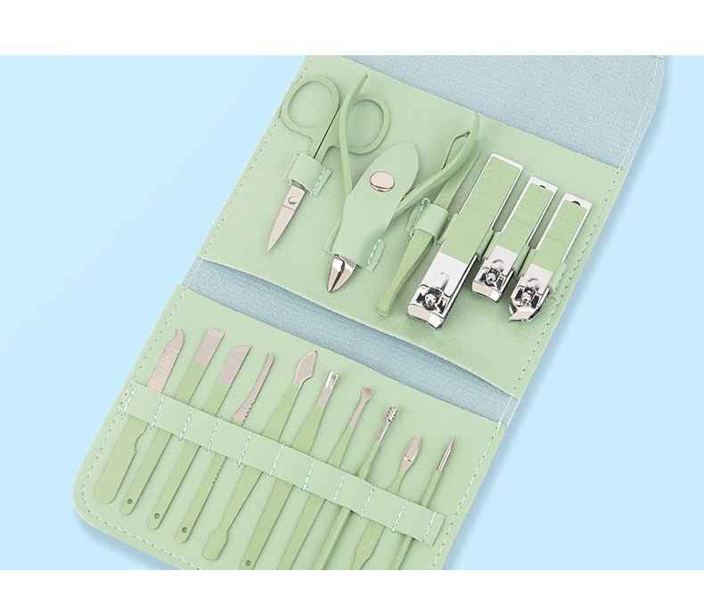 Shaketea 16-piece manicure pedicure set with mint green carbon steel tools in travel roll case on Tampa Home & Garden Store