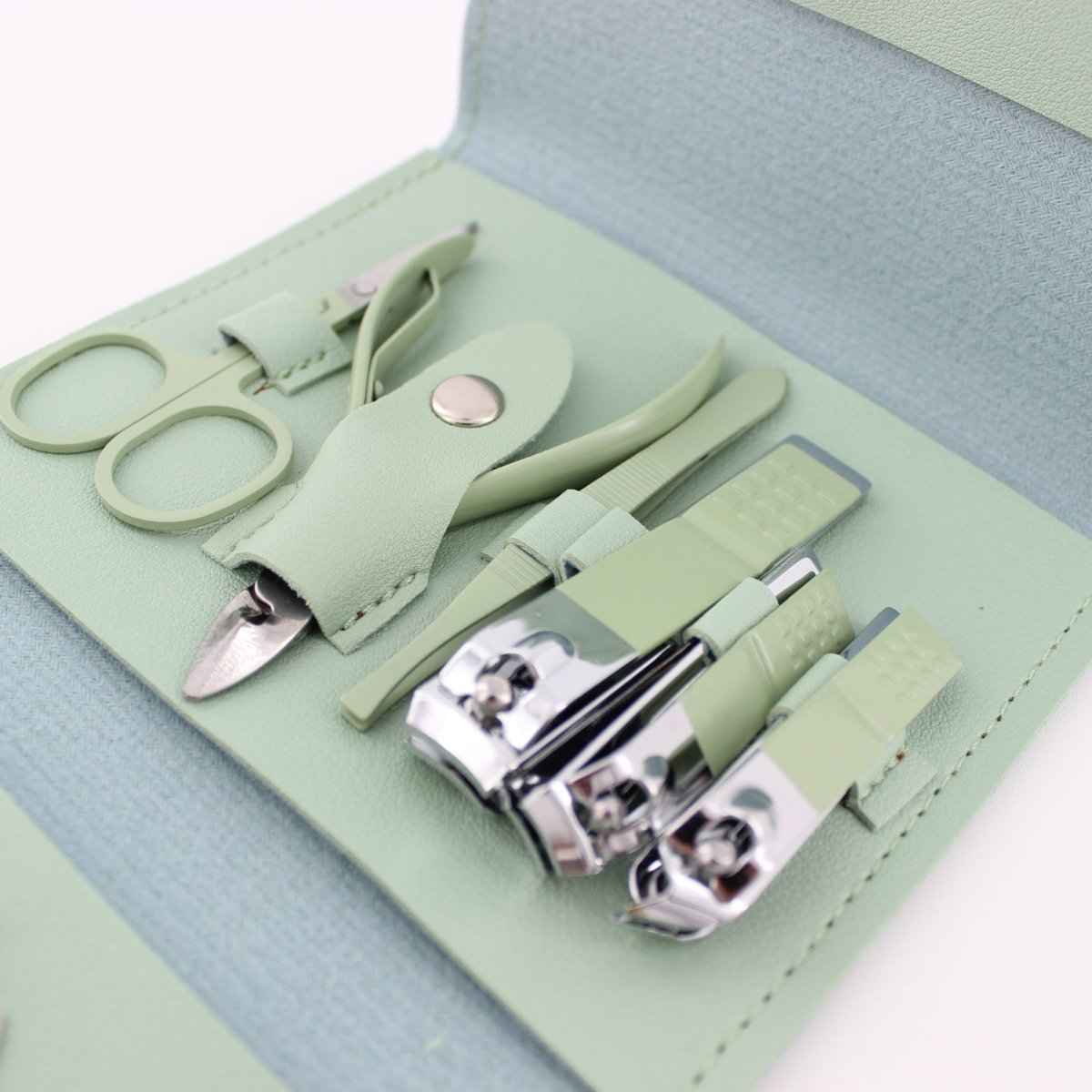 Shaketea 16-piece manicure pedicure set with carbon steel tools in mint green travel case on Tampa Home & Garden Store