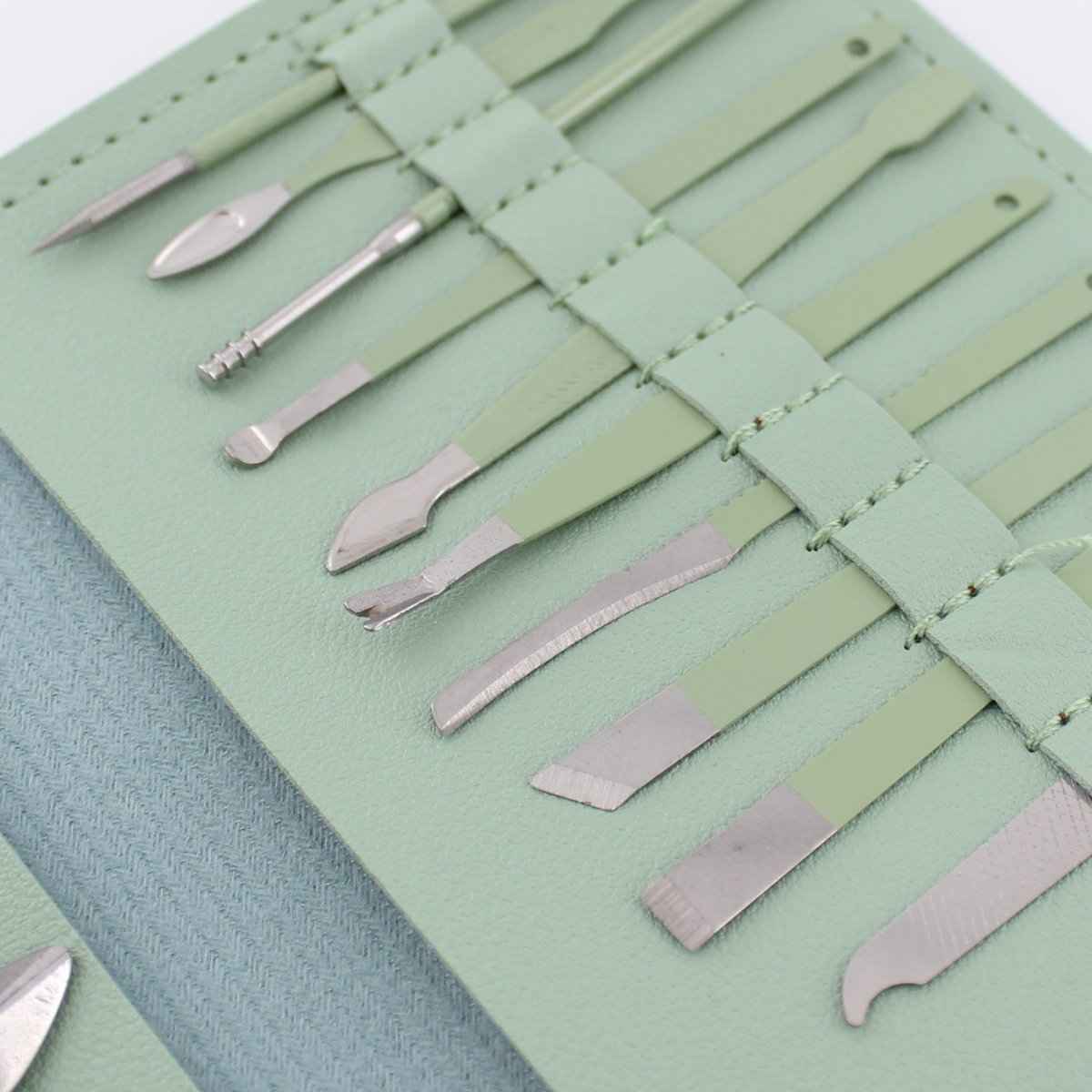 Shaketea 16-piece manicure pedicure set with carbon steel tools in mint green leather roll on Tampa Home & Garden Store