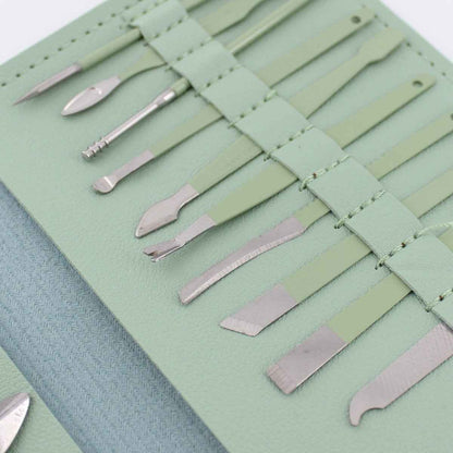 Shaketea 16-piece manicure pedicure set with carbon steel tools in mint green leather roll on Tampa Home & Garden Store