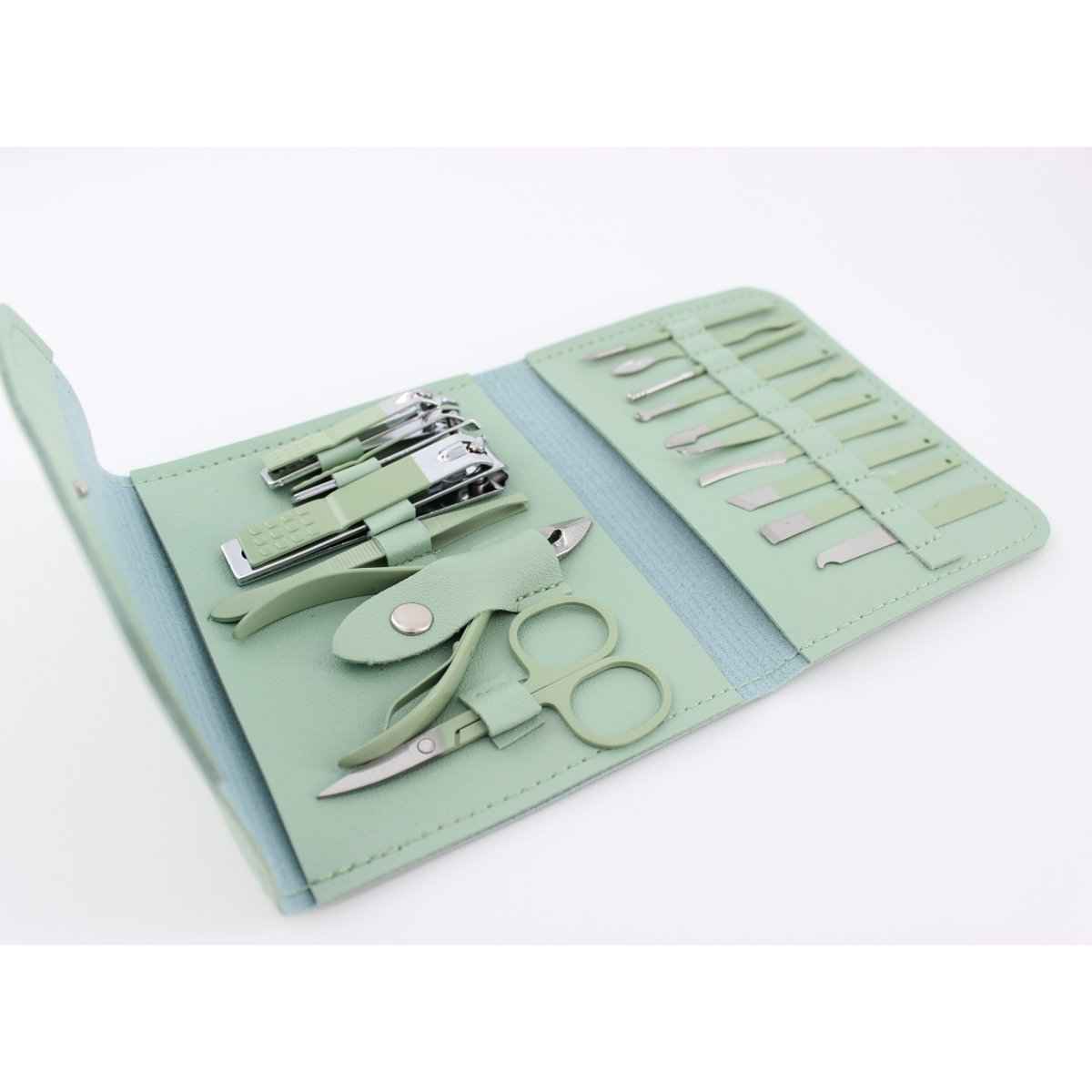 Manicure pedicure set 16-piece in mint green carbon steel travel case on Tampa Home & Garden Store