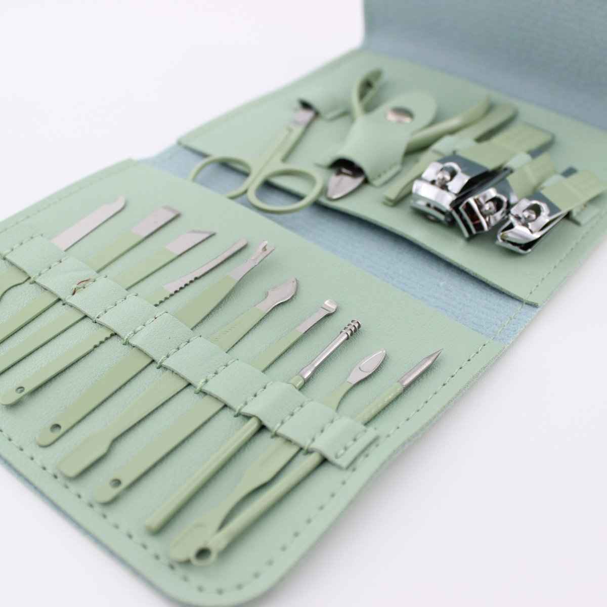 Shaketea 16-Piece Manicure Pedicure Set carbon steel travel grooming kit in mint green case on Tampa Home & Garden Store