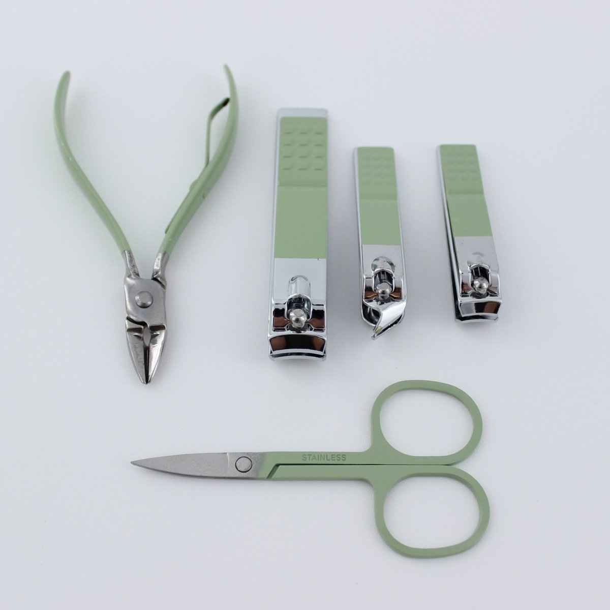 5-piece manicure pedicure set with green handles: nail nipper, three chrome clippers, scissors on Tampa Home & Garden Store