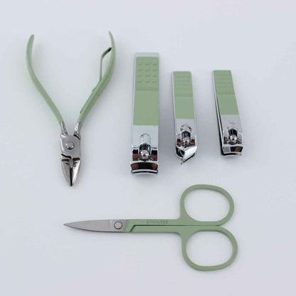 5-piece manicure pedicure set with green handles: nail nipper, three chrome clippers, scissors on Tampa Home & Garden Store
