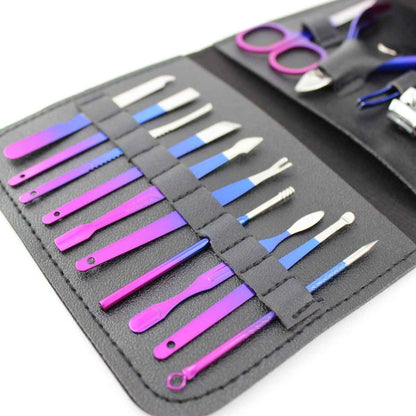 Manicure pedicure set with carbon steel tools in purple blue handles travel roll Shaketea on Tampa Home & Garden Store