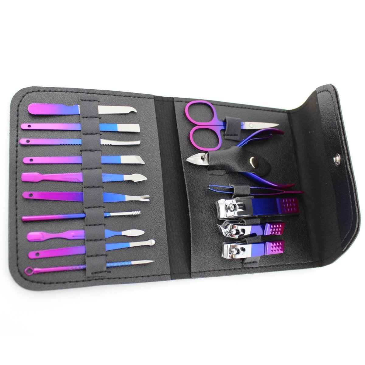 16-piece manicure pedicure set with carbon steel tools in a black travel roll case with purple handles on Tampa Home & Garden Store