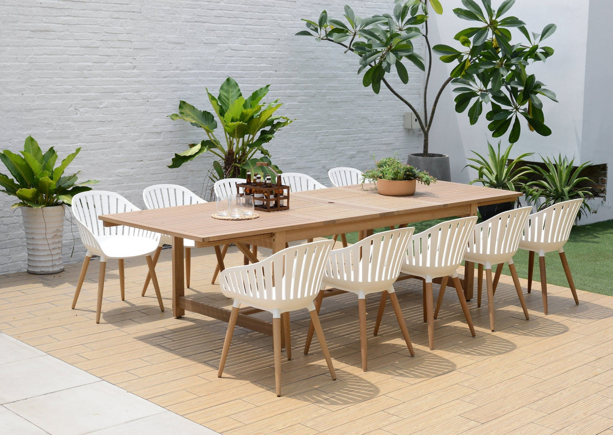 Leyland table and Nassau white armchairs outdoor dining set by LifestyleGarden US on Tampa Home & Garden Store