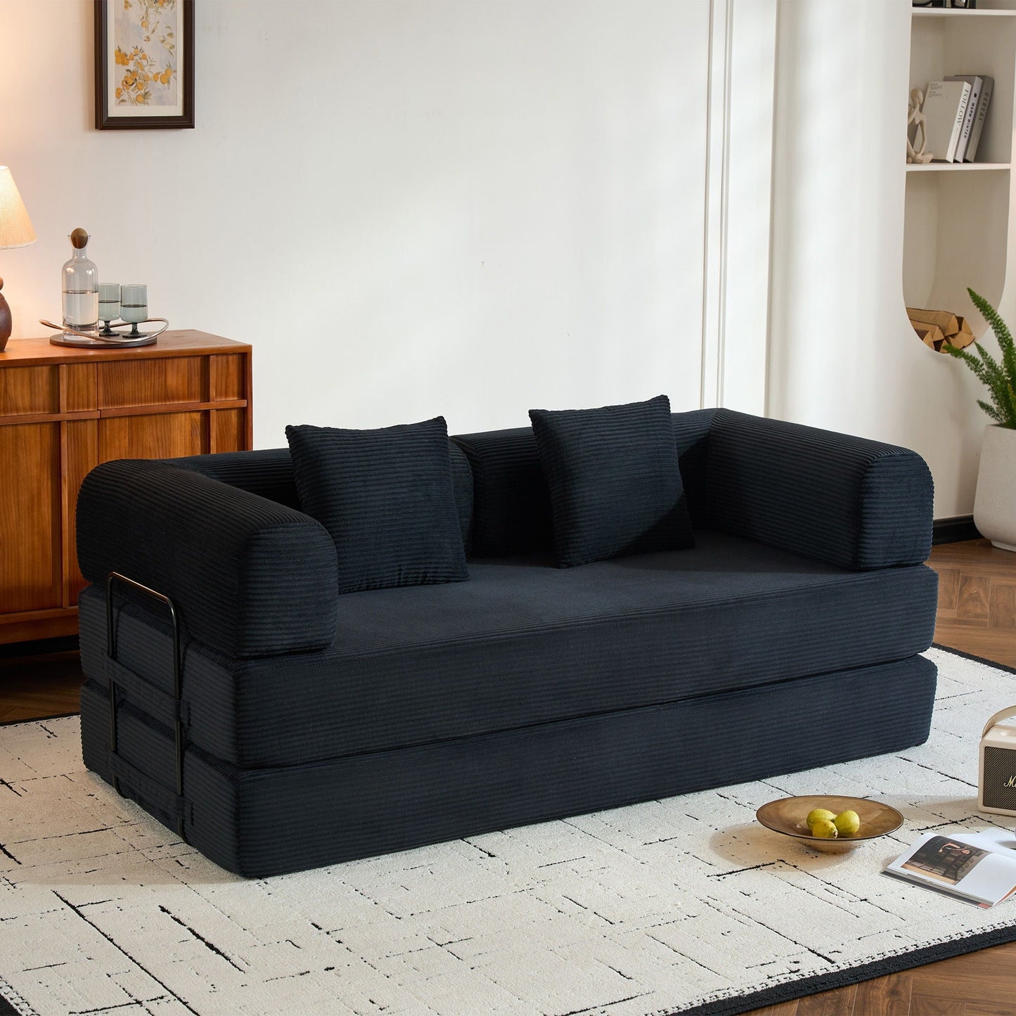 Convertible sleeper sofa bed in navy fabric with cylindrical pillow, fixed frame on Tampa Home & Garden Store