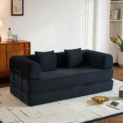 Convertible sleeper sofa bed in navy fabric with cylindrical pillow, fixed frame on Tampa Home & Garden Store
