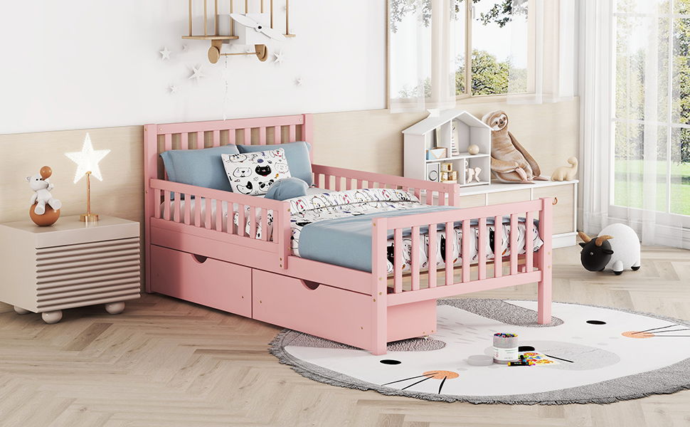 Platform Bed With Guardrails On Both Sides And 2 Storage Drawers pink HouseOfZazla kids bed on Tampa Home & Garden Store