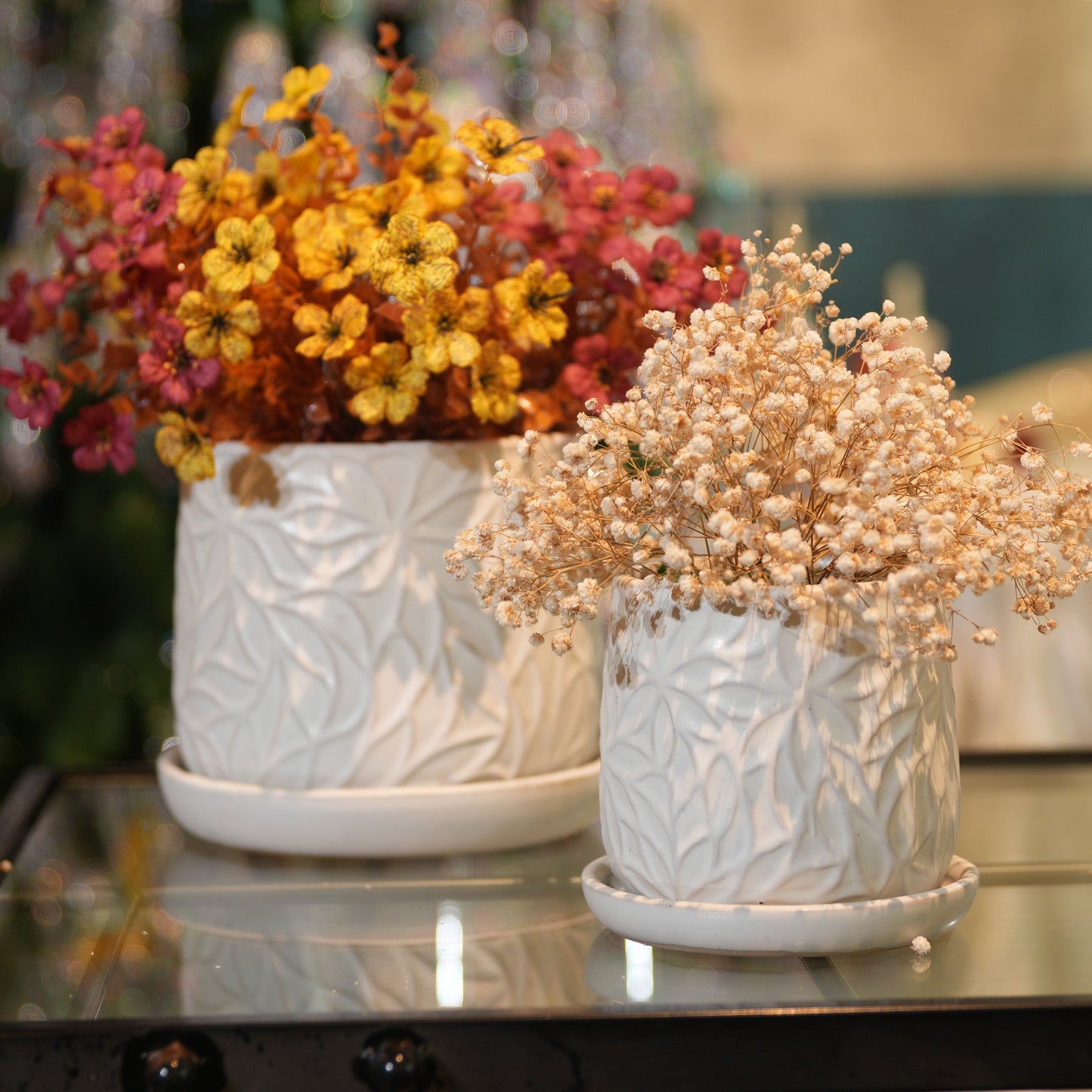 Handmade garden pots, two white quilted ceramic pots with saucers on Tampa Home & Garden Store