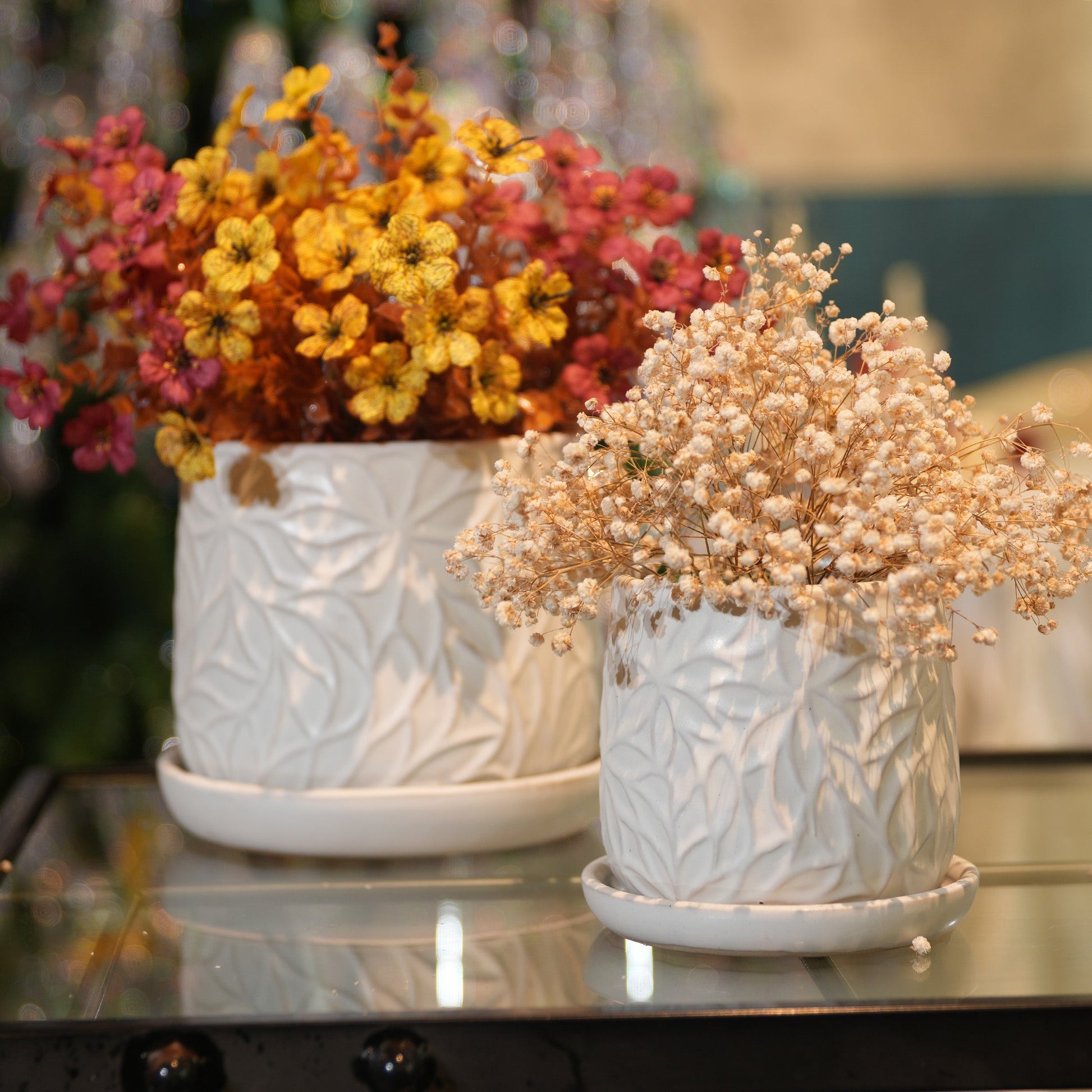 Handmade garden pots, two white quilted ceramic pots with saucers on Tampa Home & Garden Store