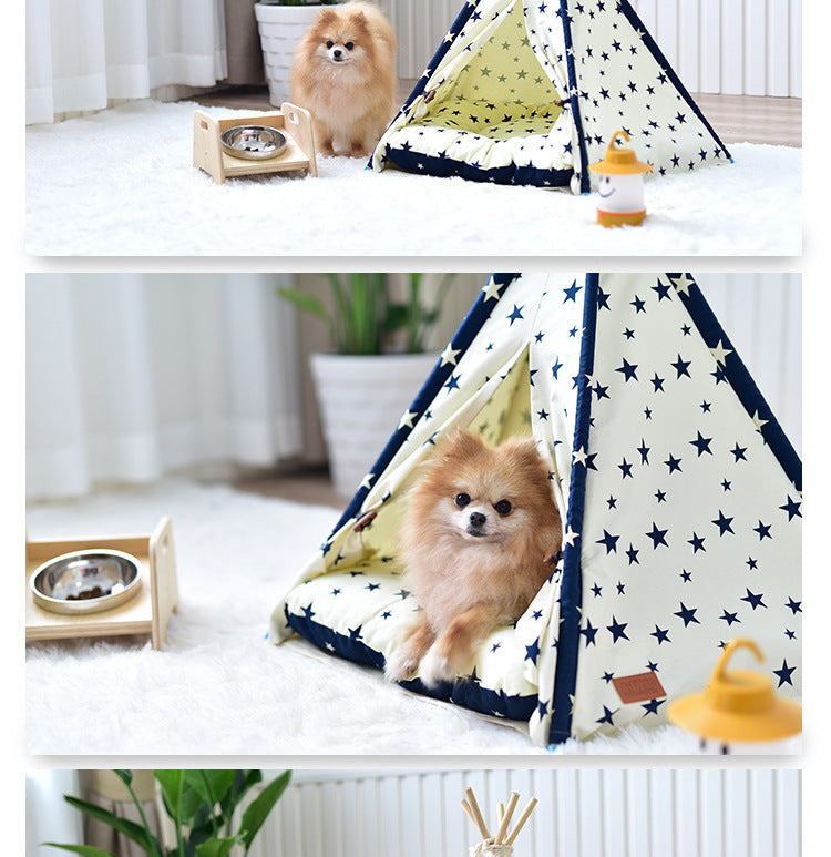 Portable star-print pet tent bed with dog inside; cream navy fabric, dish stand nearby on Tampa Home & Garden Store