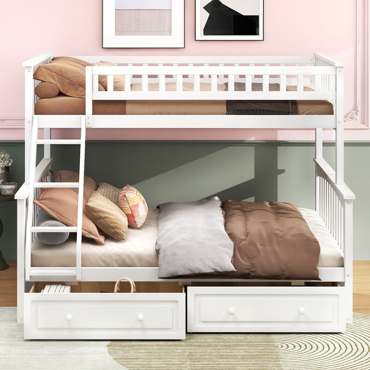 White wooden bunk bed with built-in under-bed drawers and a left ladder, beige-brown bedding on Tampa Home & Garden Store