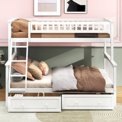 White wooden bunk bed with built-in under-bed drawers and a left ladder, beige-brown bedding on Tampa Home & Garden Store
