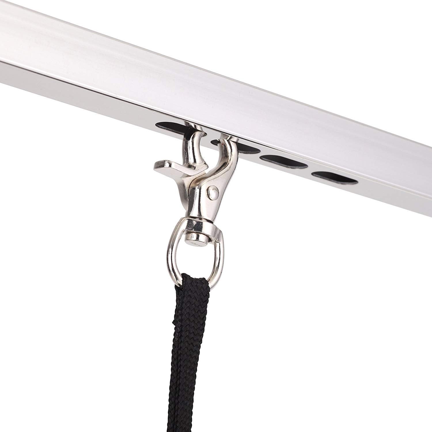 Dog grooming table arm with noose and black braided strap mounted to metal edge on Tampa Home & Garden Store