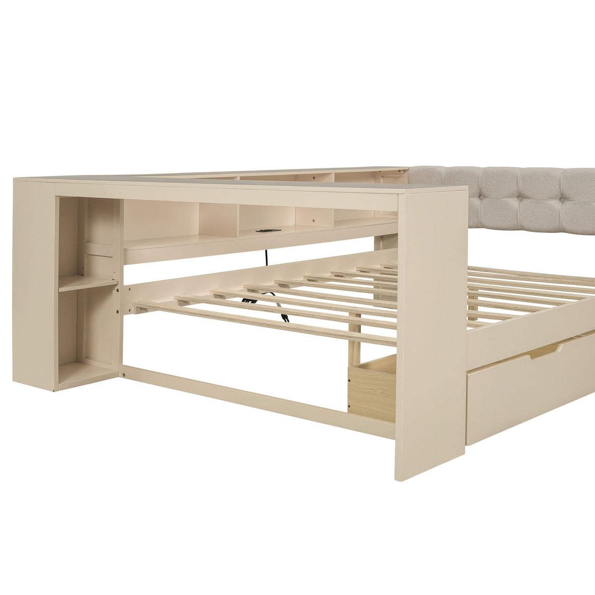 Upholstered headboard platform bed with storage shelves and drawers in cream by HouseOfZazla on Tampa Home & Garden Store