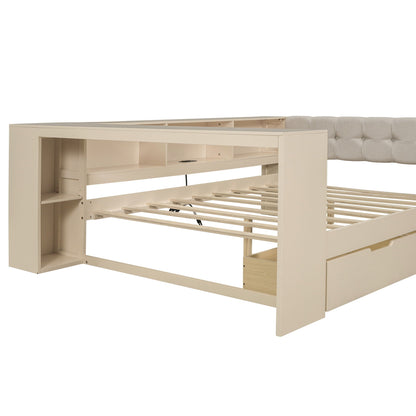 Upholstered headboard platform bed with storage shelves and drawers in cream by HouseOfZazla on Tampa Home & Garden Store