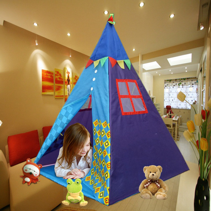 Children's teepee tent toy in blue purple with window; child with plush frog panda bear on Tampa Home & Garden Store