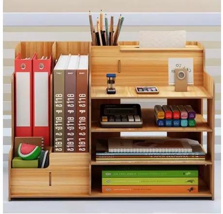 Simple table shelf wooden desk organizer with light wood finish and multi-tier compartments on Tampa Home & Garden Store