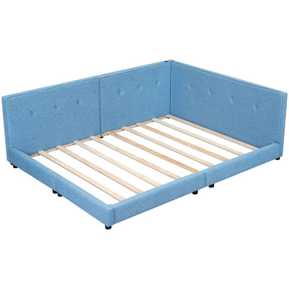 Modern Upholstered Platform Bed in blue fabric with tufted sides and visible wood slats on Tampa Home & Garden Store