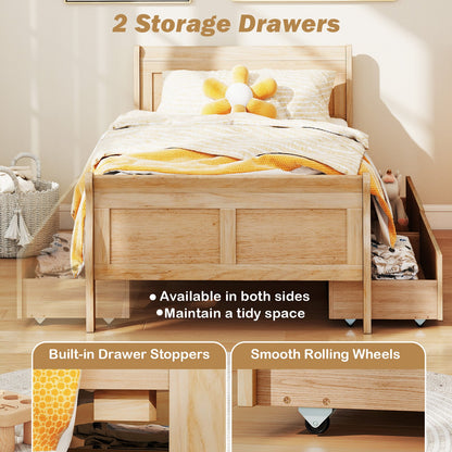 Twin Size Sleigh Bed with 2 Storage Drawers Wood Platform Bed Frame