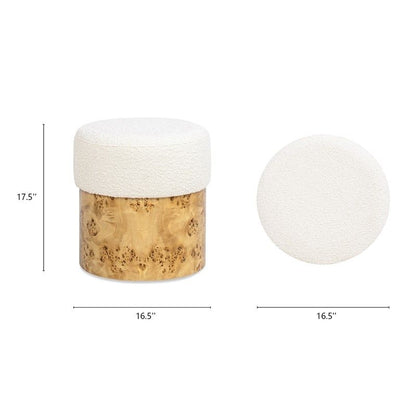 Round Upholstered Ottoman with White Boucle and Burl Wood Base by HouseOfZazla on Tampa Home & Garden Store