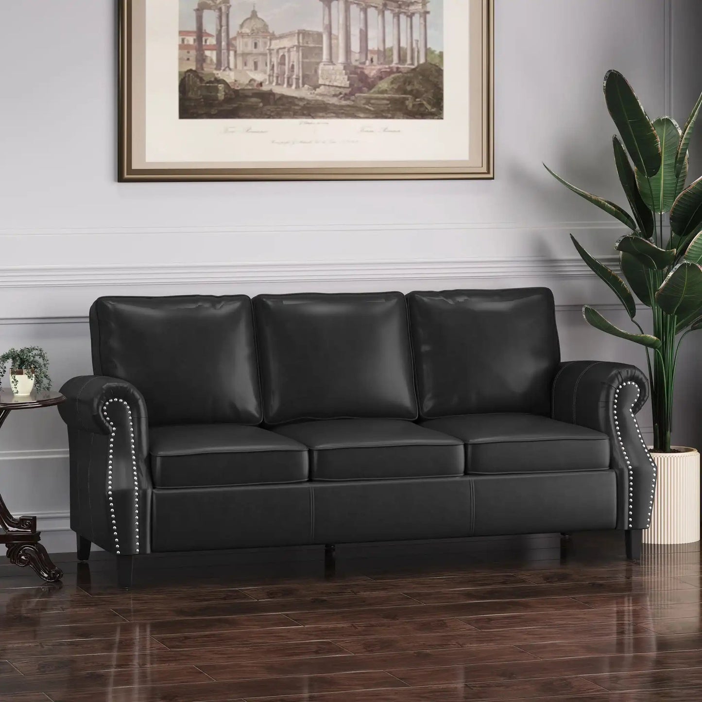HouseOfZazla Contemporary 3 Seater Sofa with Nailhead Trim in black leather on Tampa Home & Garden Store