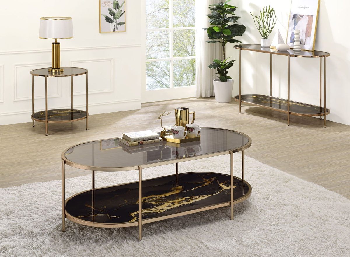Fiorella marble print glass coffee table with black top and gold metal frame on Tampa Home & Garden Store