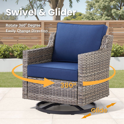 Swivel outdoor wicker chair with navy cushion on 360-degree rotating base on Tampa Home & Garden Store