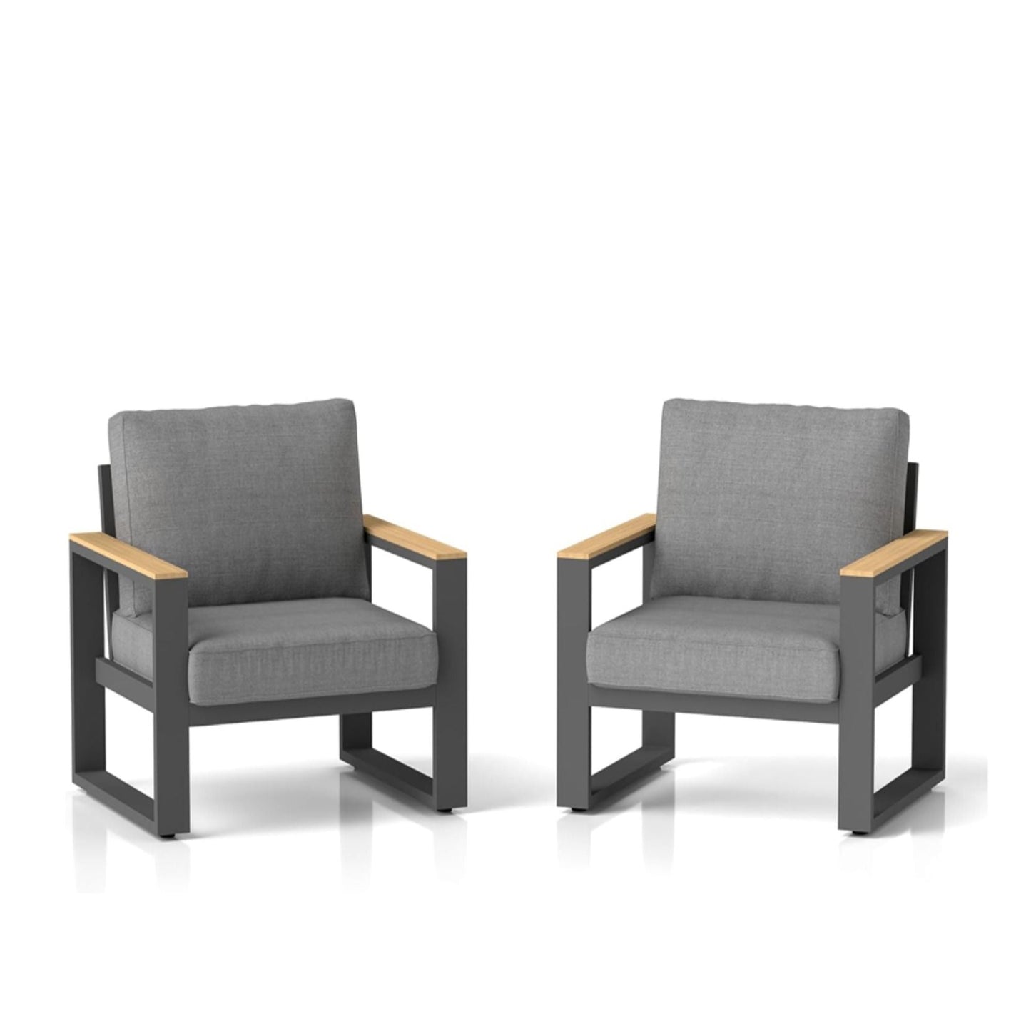 All-Weather Patio Armchairs with Thick Cushions, gray fabric, wood arms, 2-pack HouseOfZazla on Tampa Home & Garden Store