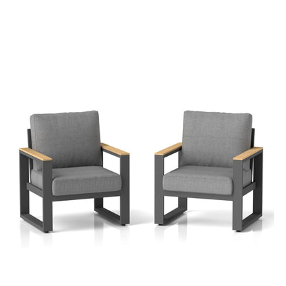 All-Weather Patio Armchairs with Thick Cushions, gray fabric, wood arms, 2-pack HouseOfZazla on Tampa Home & Garden Store