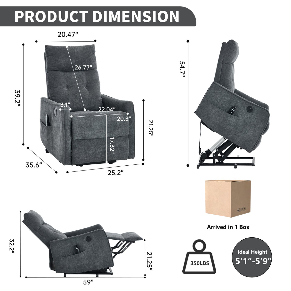 Grey chenille single motor power lift recliner chair by HouseOfZazla; dimension diagram on Tampa Home & Garden Store