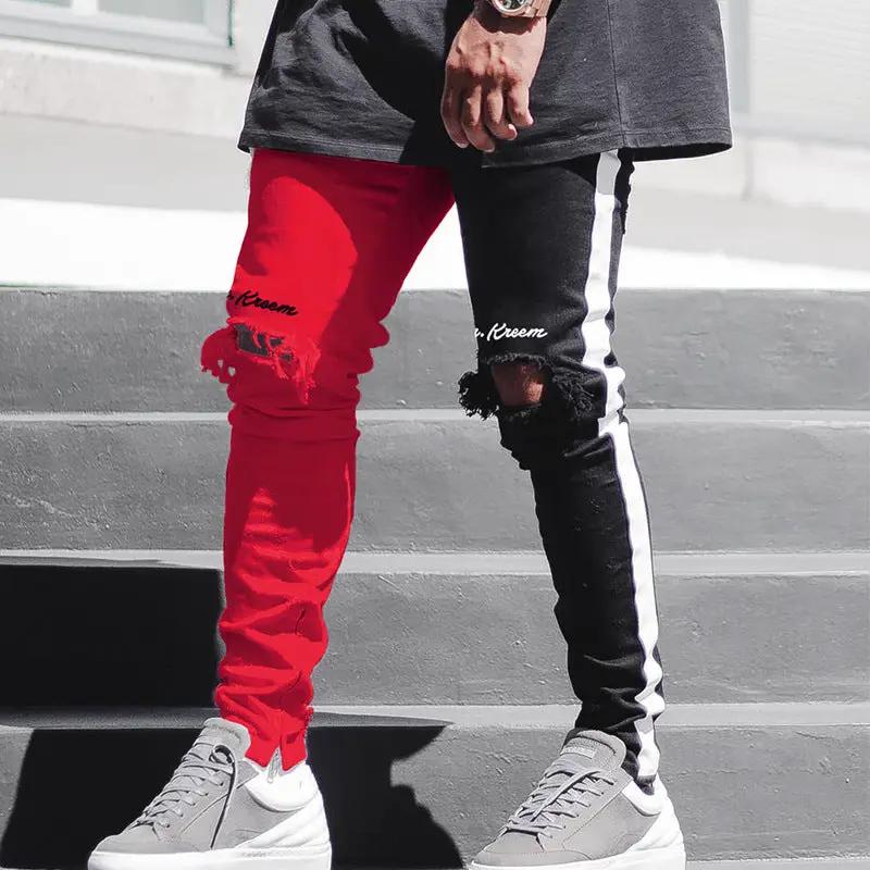 Men's stretch slim-straight two-tone jeans FLIPSTYLEZLLC red left leg black right leg ripped knee on Tampa Home & Garden Store