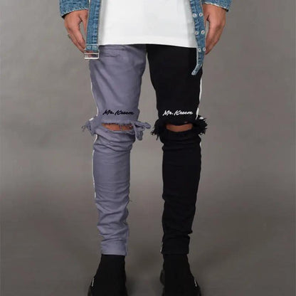 Men's split-color ripped jeans lavender left leg black right leg FLIPSTYLEZLLC slim stretch on Tampa Home & Garden Store