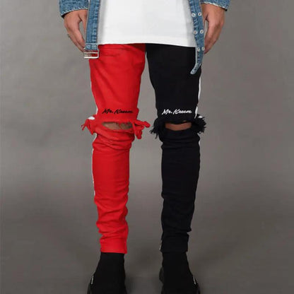 Men's ripped jeans FLIPSTYLEZLLC, red and black denim, stretch slim straight fit on Tampa Home & Garden Store