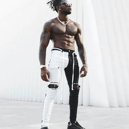 Men's two-tone ripped stretch jeans slim straight white and black with ripped knees on Tampa Home & Garden Store