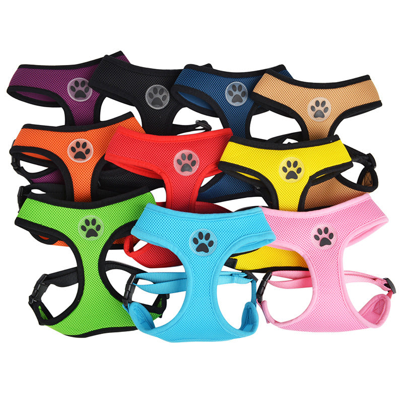 Breathable mesh pet chest harness set in assorted colors with paw emblem on Tampa Home & Garden Store