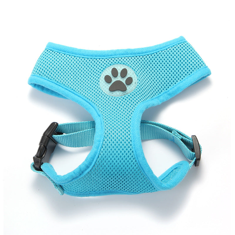 Breathable mesh traction rope pet chest harness in blue with Pet Zen paw logo, adjustable straps on Tampa Home & Garden Store