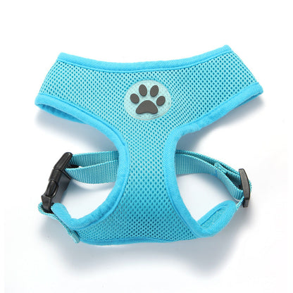 Breathable mesh traction rope pet chest harness in blue with Pet Zen paw logo, adjustable straps on Tampa Home & Garden Store