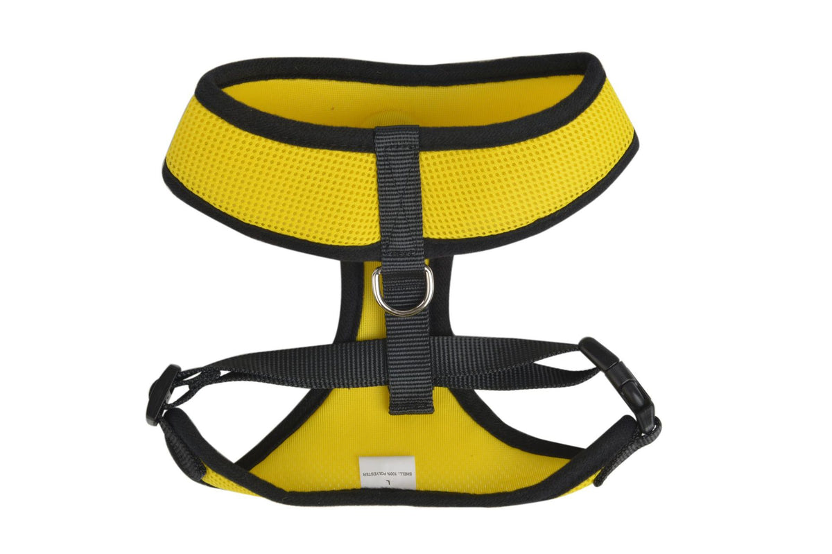 Breathable yellow mesh pet chest harness with black trim, adjustable straps and metal D-ring on Tampa Home & Garden Store